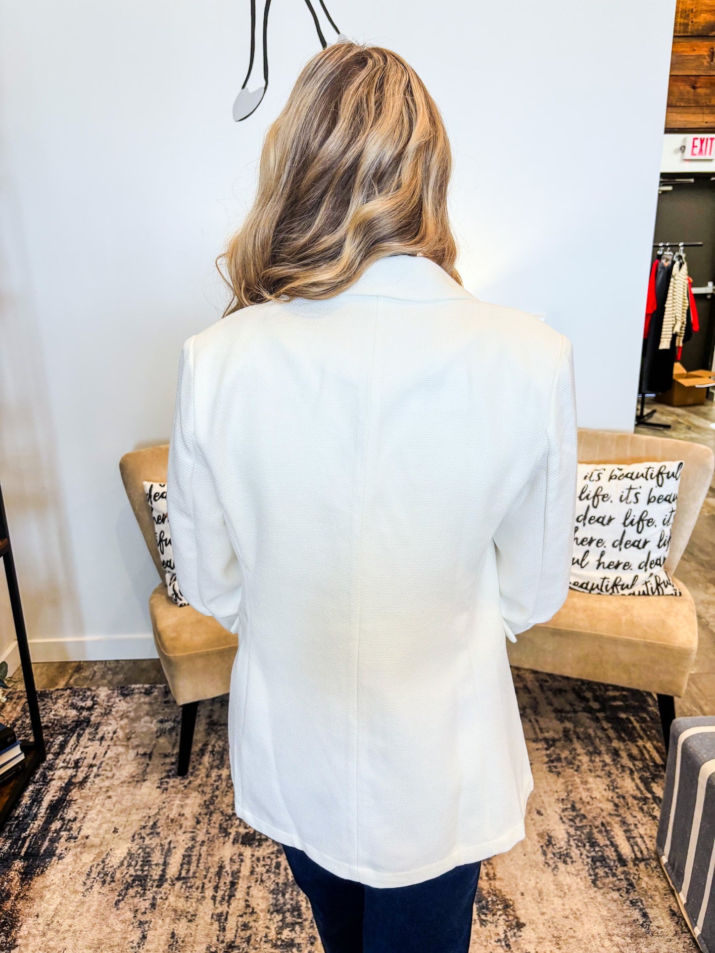 White Textured Open Front Blazer