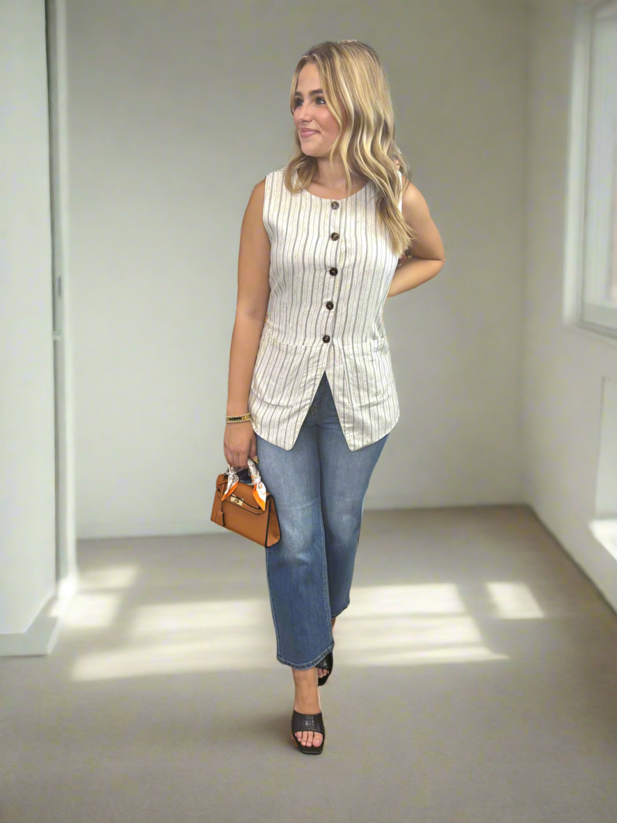Ivory Tailored Striped Linen Vest - Jolie Femme Boutique