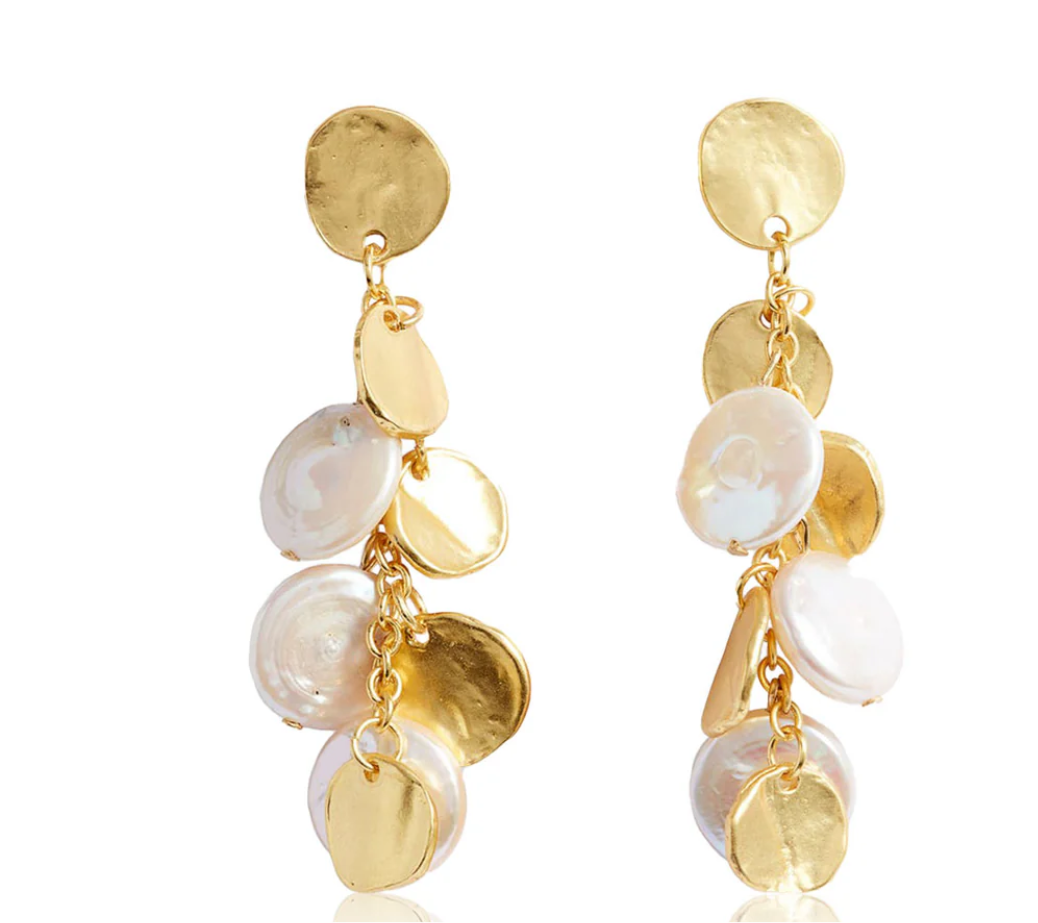 Gold Coin & Pearl Chandelier Earring - Jolie Femme Boutique