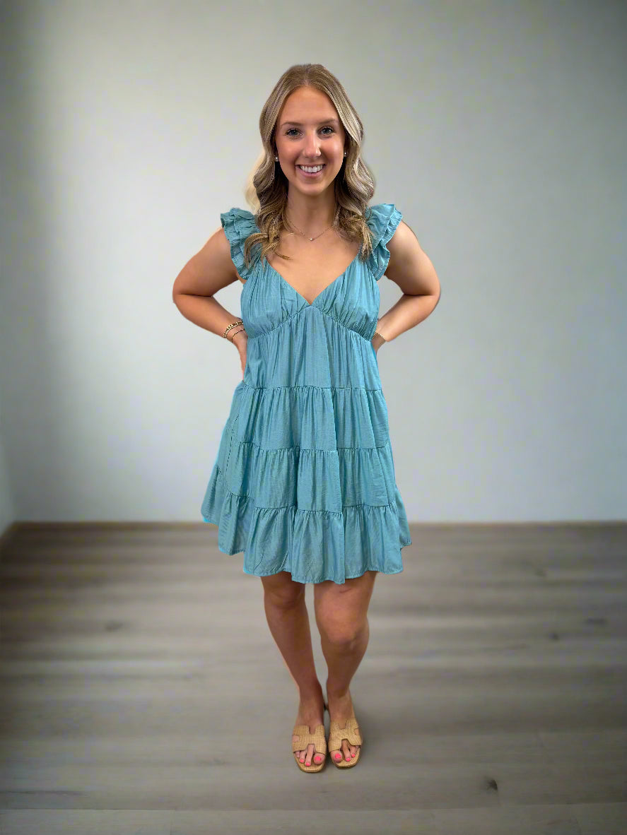 Dark Mint V-Neck Tiered Babydoll Dress
