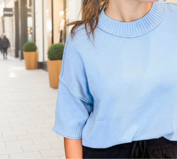 Powder Blue Crew-Neck Drop Shoulder Sweater - Jolie Femme Boutique