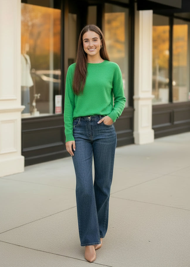Green Crew Neck Lightweight Sweater
