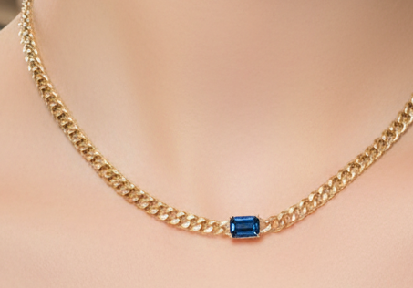 14K Yellow Gold Plated Choker Necklace with Blue Stone