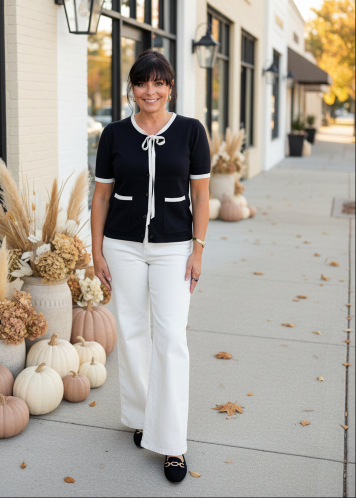 Black & White Contrast Trim Cardigan Top