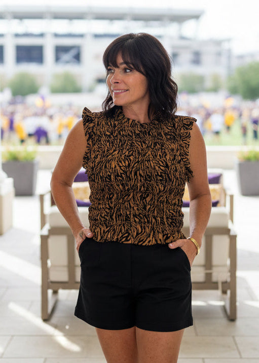 Tiger Print Smocked Crop Top