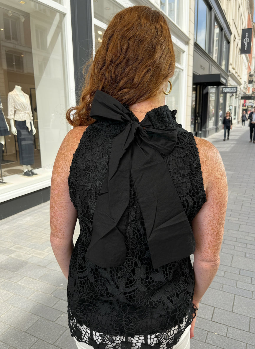 Black Ruffle Neck Sleeveless Lace Top - Jolie Femme Boutique