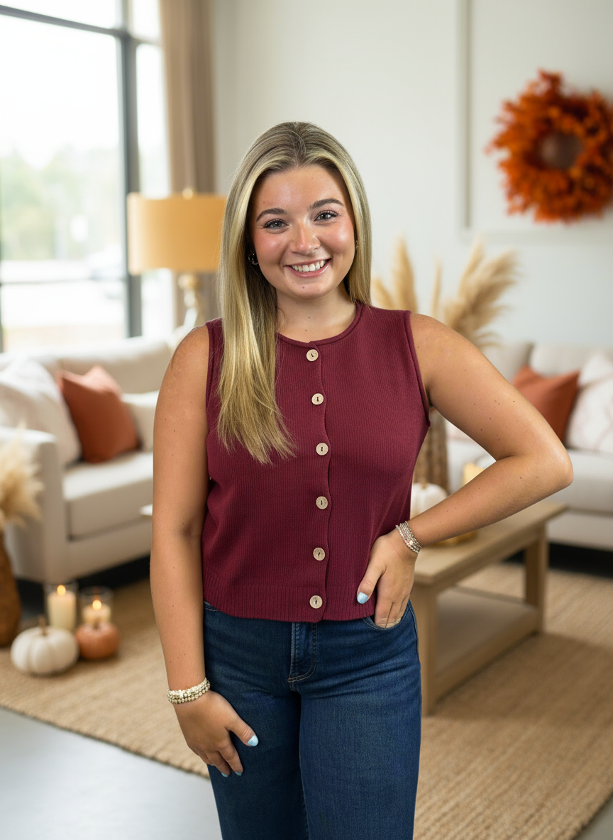 Raw Edge Button Vest Top- Burgundy - Jolie Femme Boutique