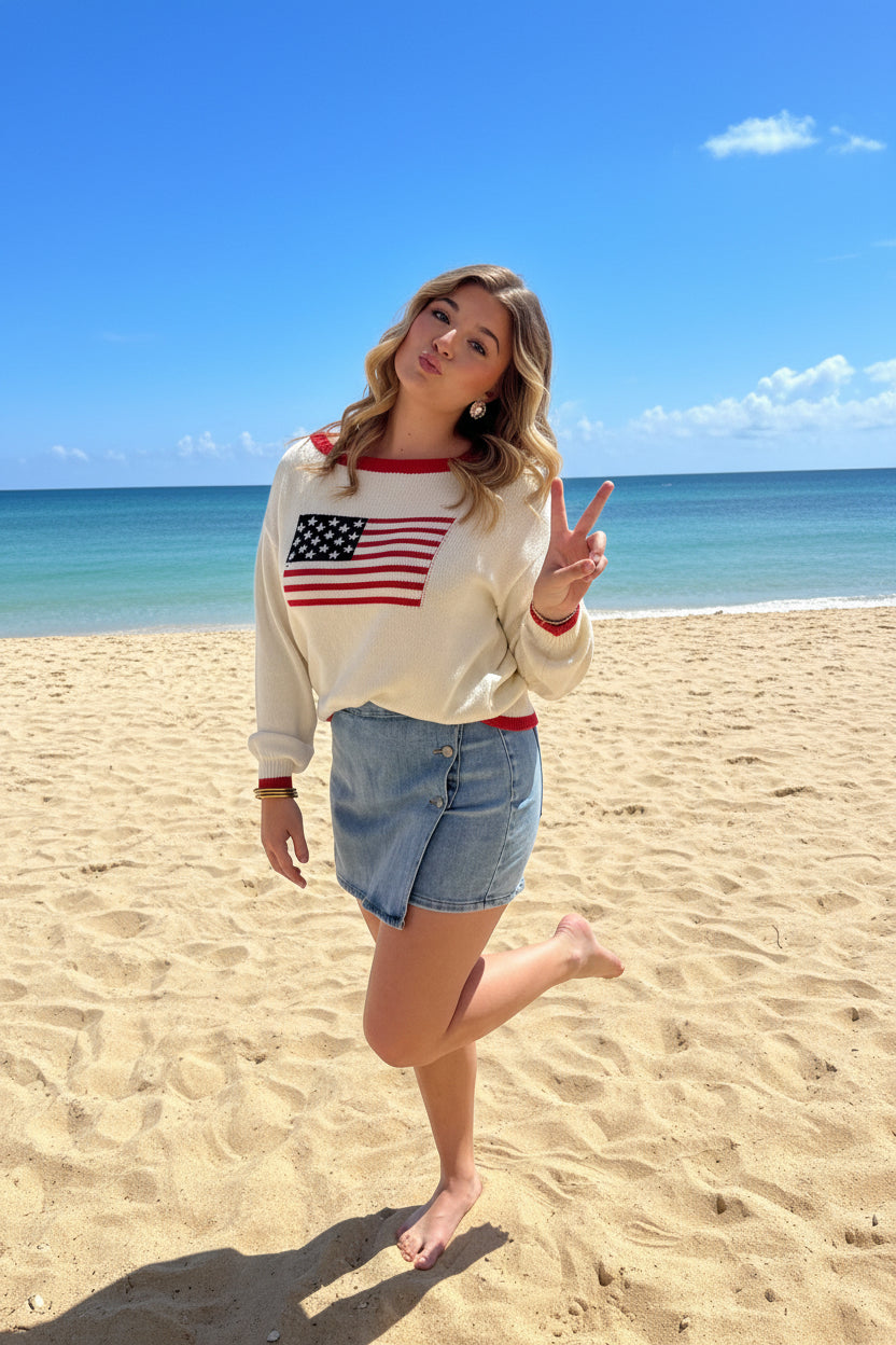 Cream Long Sleeve Flag Sweater - Jolie Femme Boutique
