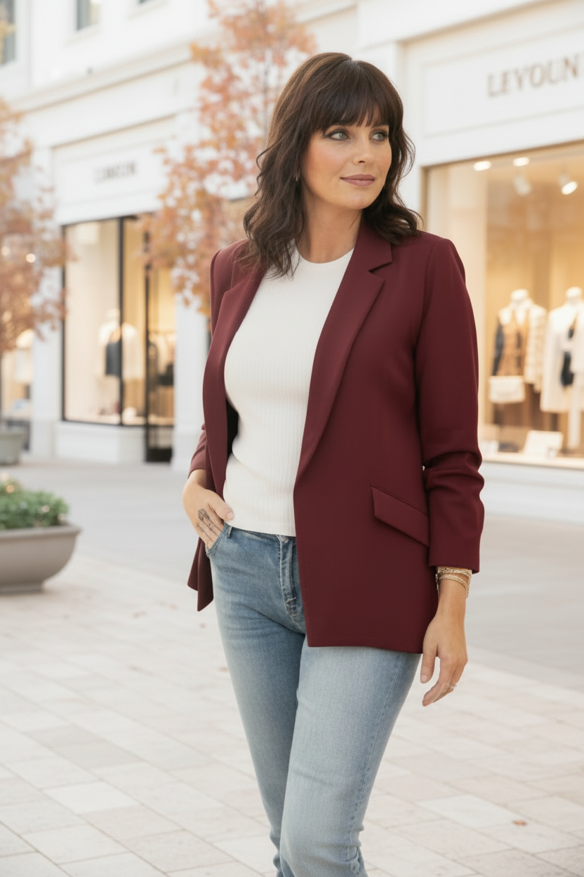 Burgundy Shirred Sleeve Blazer - Jolie Femme Boutique
