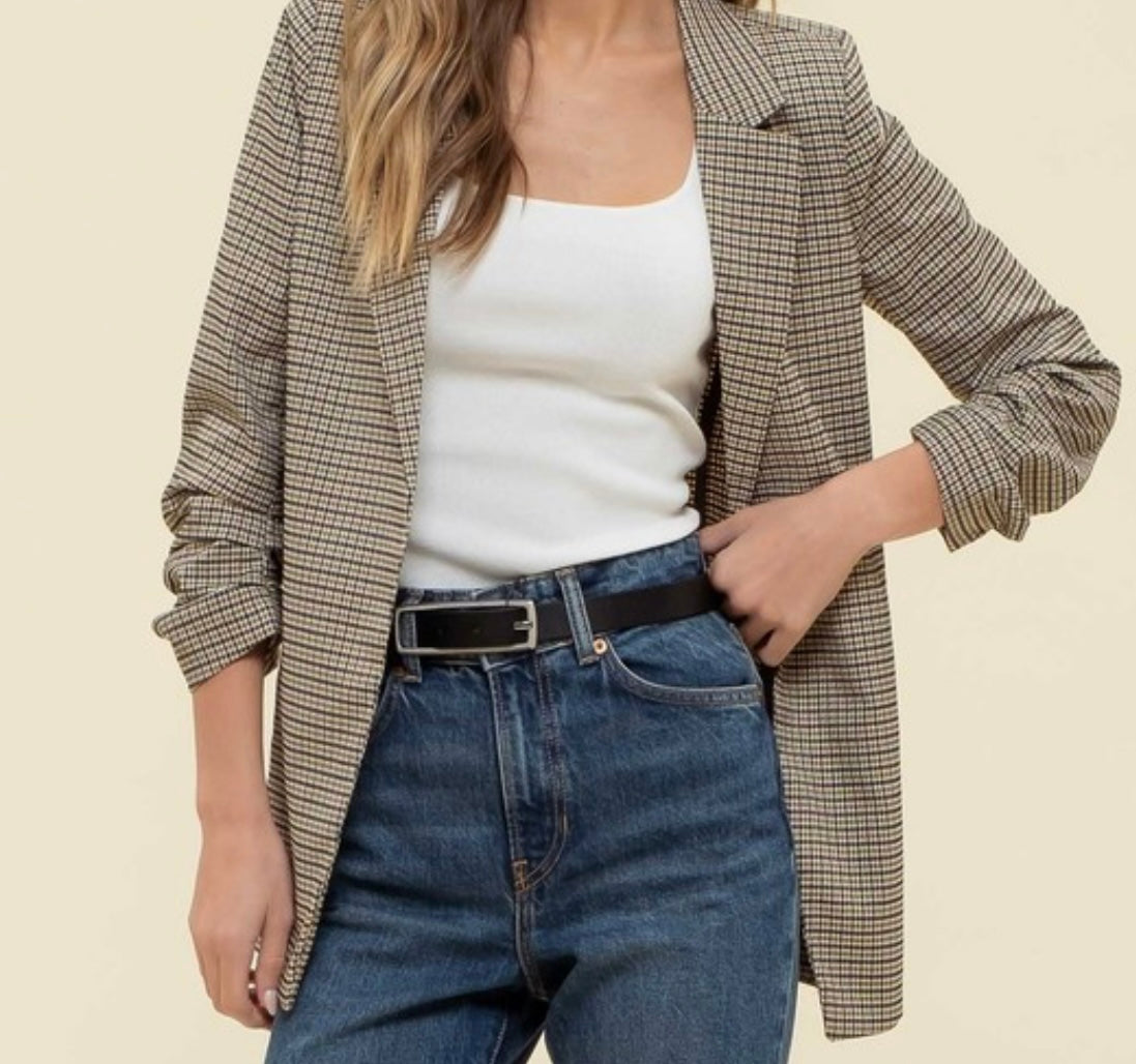 Plaid Ruched Sleeve Blazer - Jolie Femme Boutique