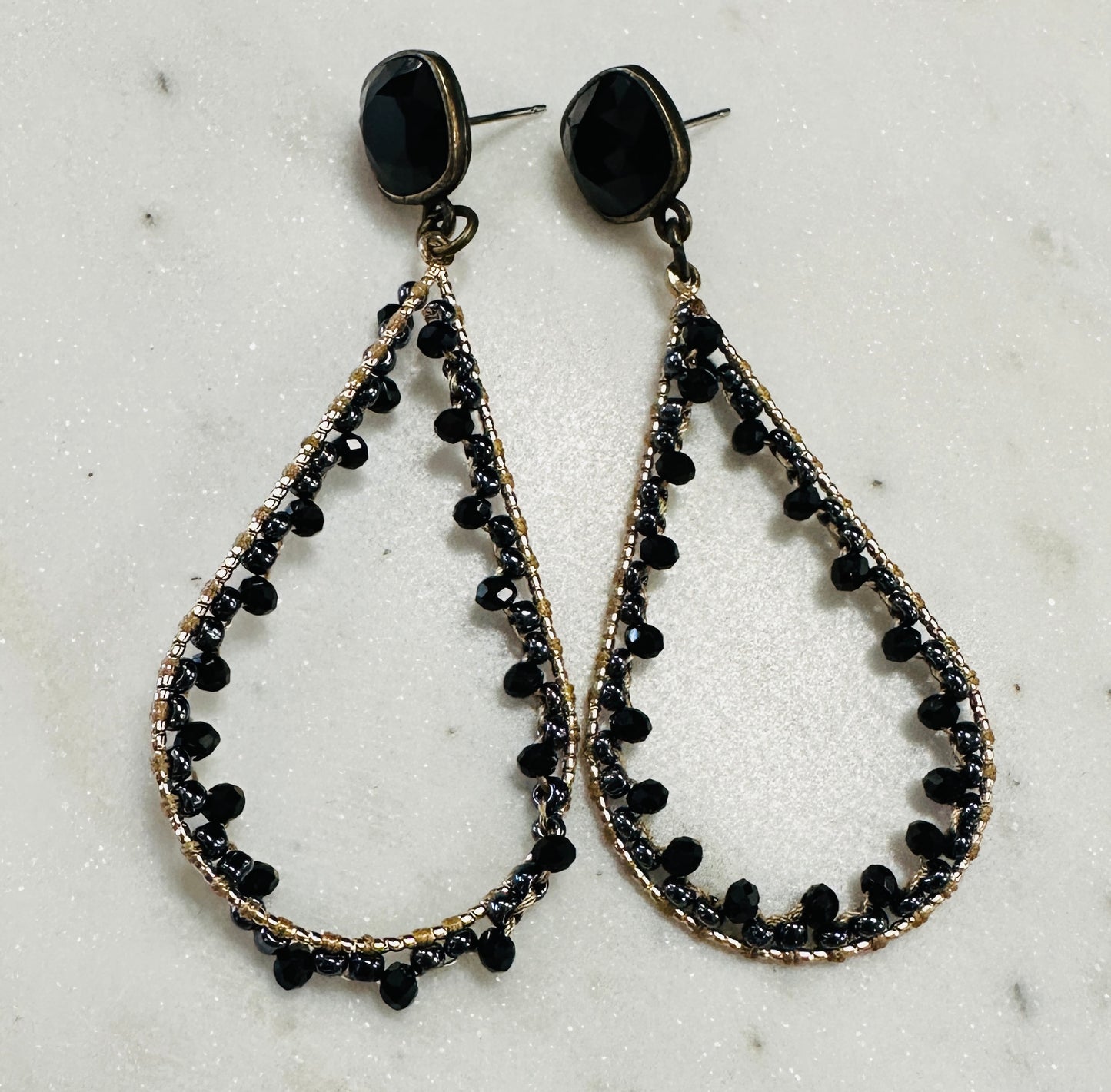Tear Drop With Black Crystals Earring - Jolie Femme Boutique