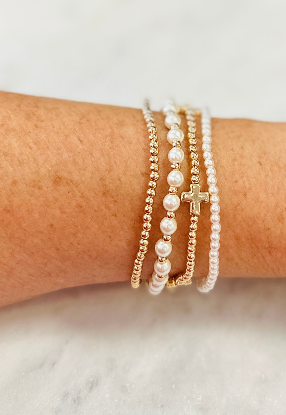 Gold Beaded Cross Stretch Bracelet - Jolie Femme Boutique