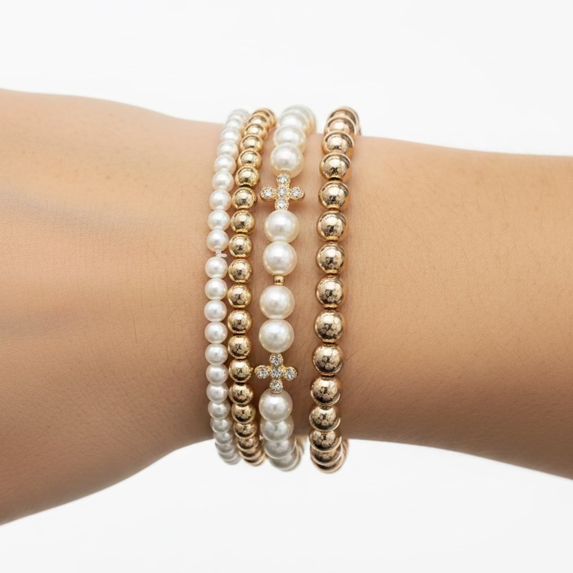 Gold, Pearl & Cross Bracelet Stack - Jolie Femme Boutique