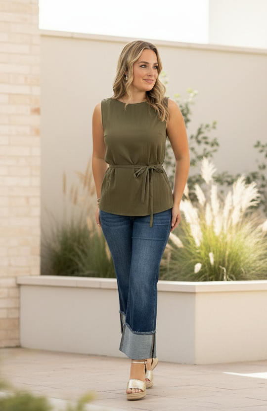 Olive Sleeveless Cinched Top - Jolie Femme Boutique