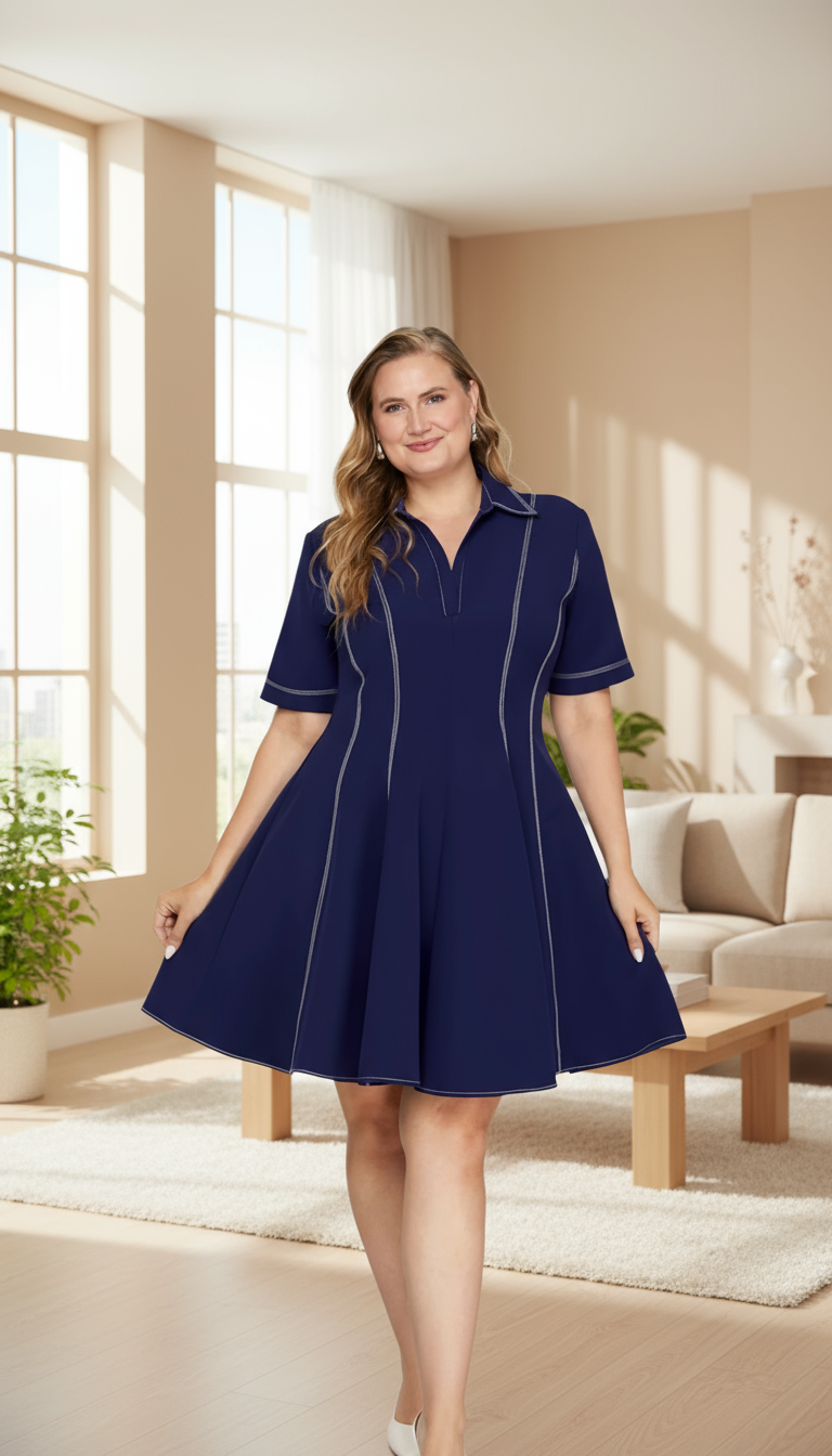 Plus Size Polo Collar Skater Dress - Jolie Femme Boutique
