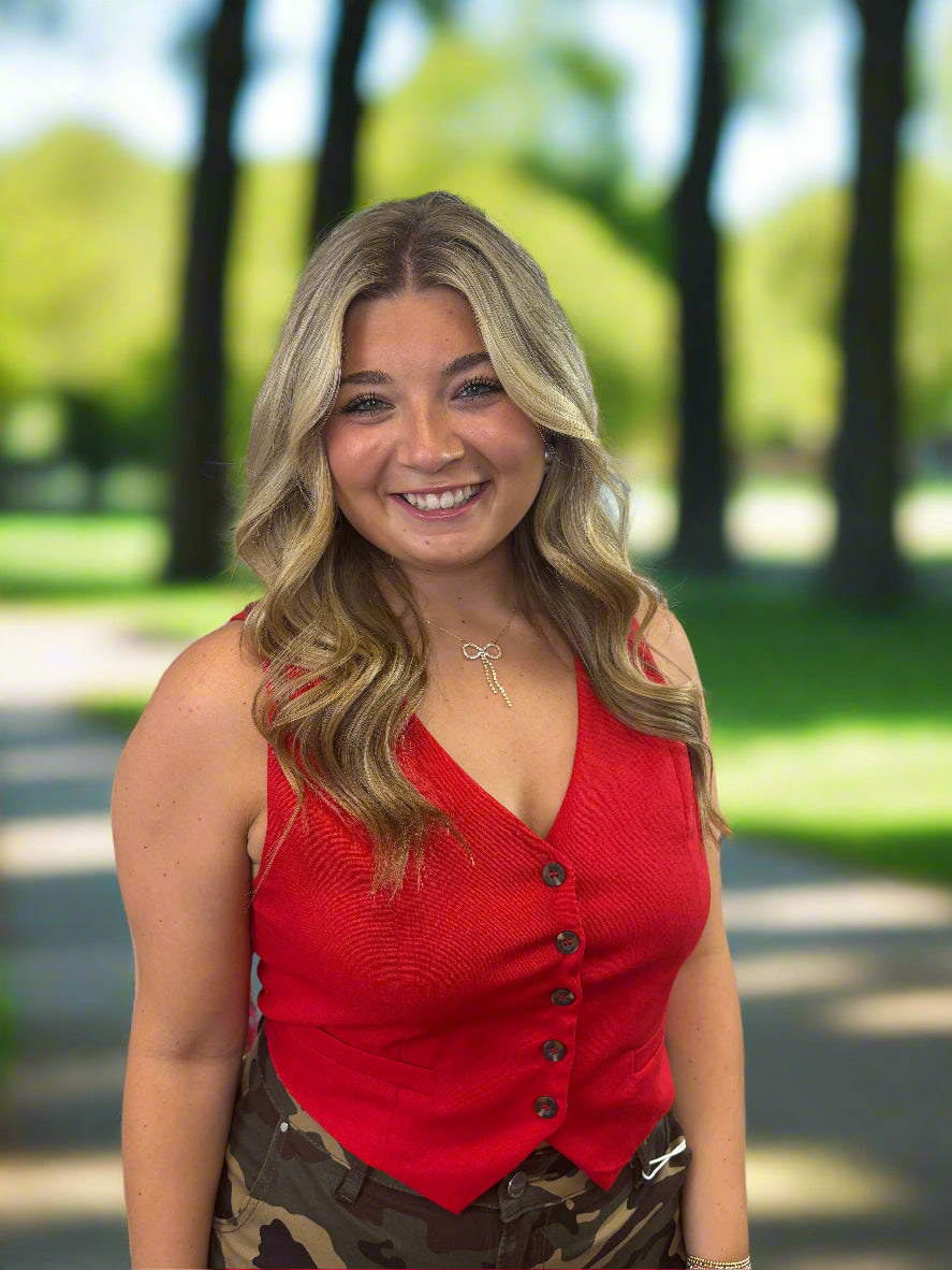 Red Button Down Vest - Jolie Femme Boutique
