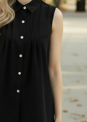 Black Sleeveless Pleated Button-Down Shirt