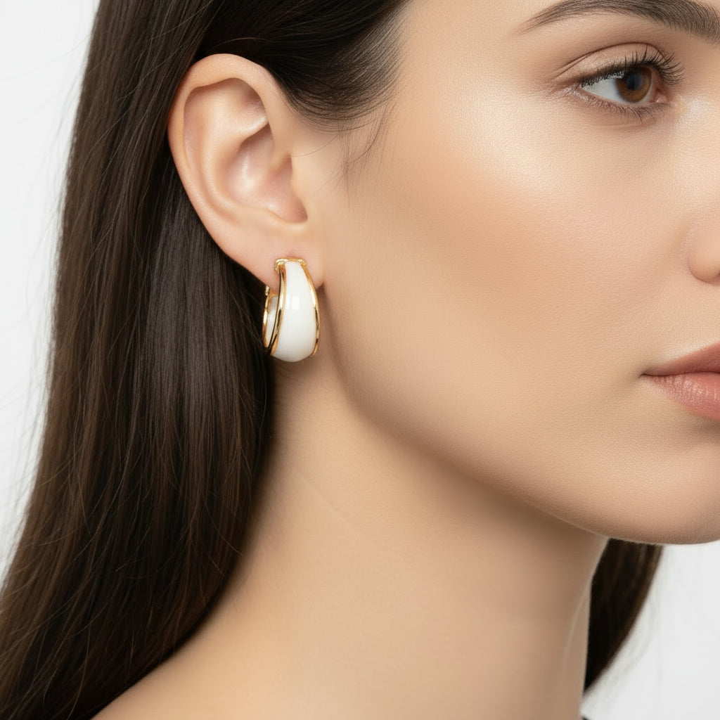White Acrylic Hoop Earrings with Gold Band