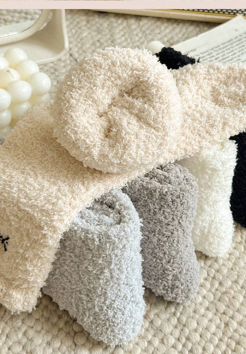 MKS America - Fluffy Bow Ribbon Coral Fleece Socks - BlueGrey / M - Jolie Femme Boutique