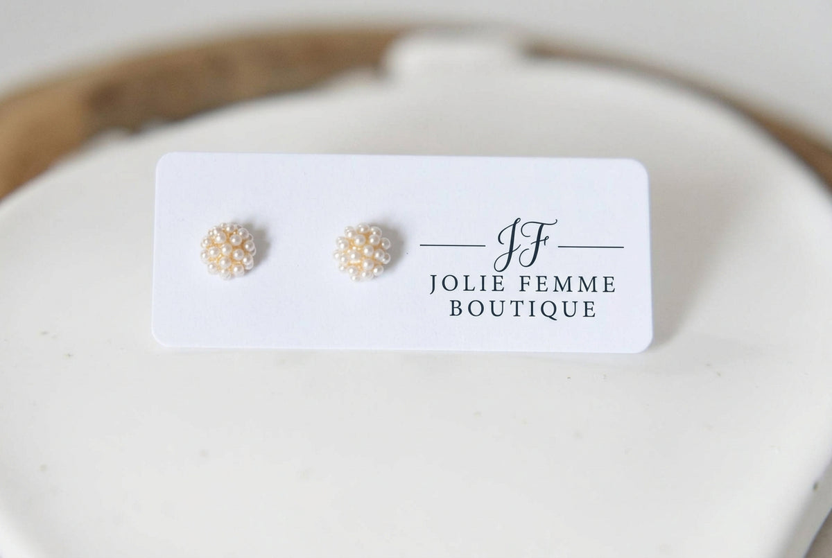 Bella Rey mini pearl cluster stud earrings with multiple white pearls arranged in a delicate cluster