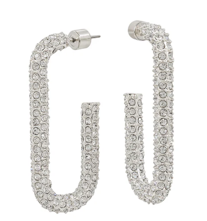 Silver Rhinestone Oval Hoop Earring
