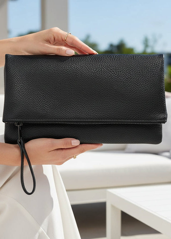 JNBFASHION.COM - Women's Vegan Leather Zipper Foldover Clutch Purse with Tass - Black - Jolie Femme Boutique