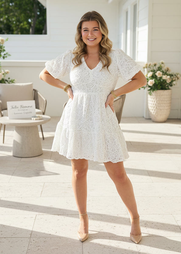 White Lace Short Sleeve Mini Dress - Jolie Femme Boutique