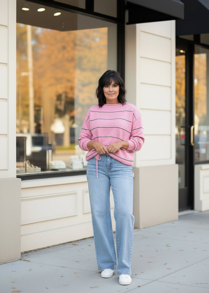 Pink & Burgundy Stripe Drawstring Sweater
