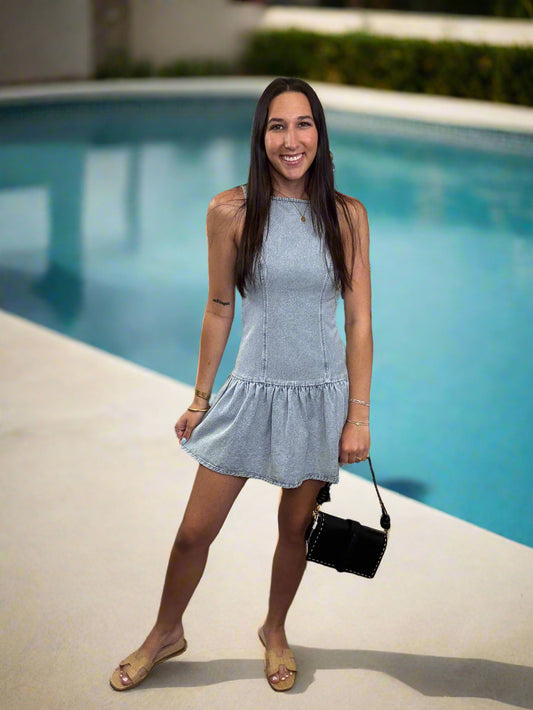 Boat Neck Sleeveless Denim Dress
