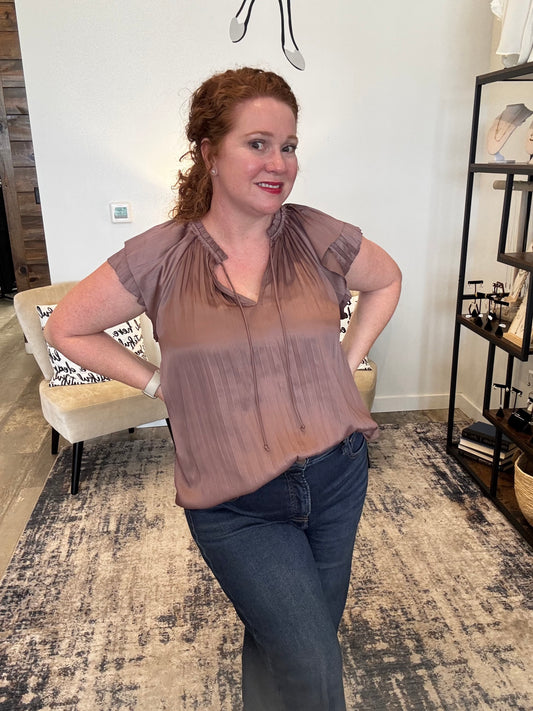 Mauve Flutter Sleeve Satin Blouse - Jolie Femme Boutique