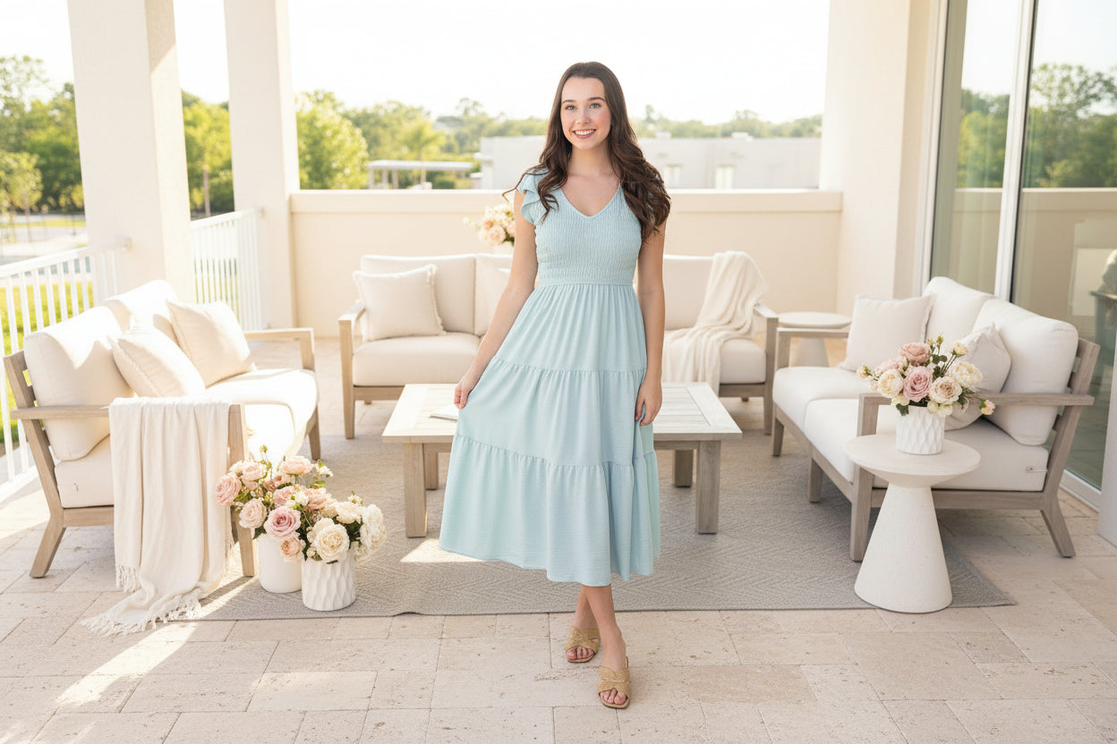 Light Blue Flutter Sleeve Maxi - Jolie Femme Boutique