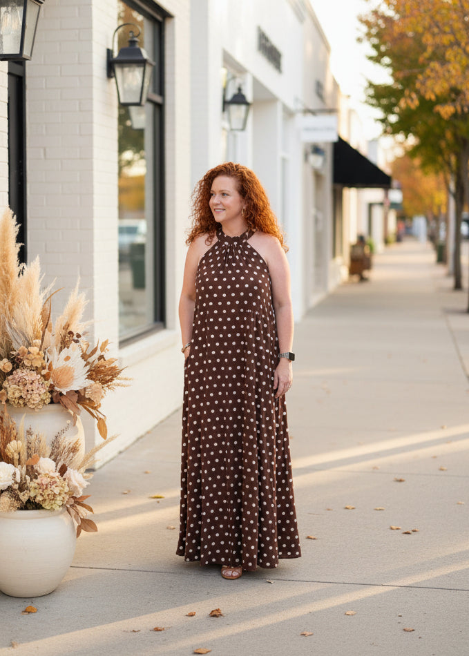 Brown Polka Dot Maxi Dress