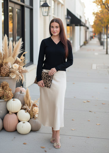 Cream Satin Midi Skirt