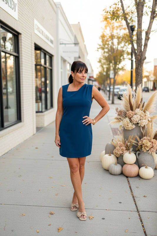 Teal Blue Asymmetrical Sheath Mini Dress