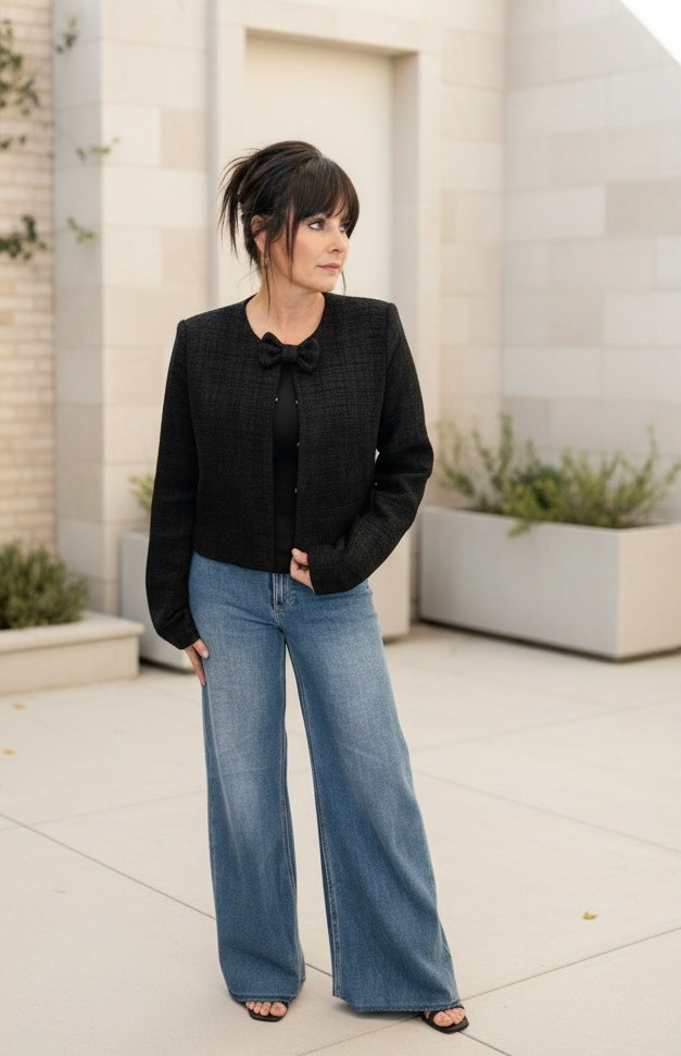 Black Tweed Front Bow Tie Detail Jacket - Jolie Femme Boutique