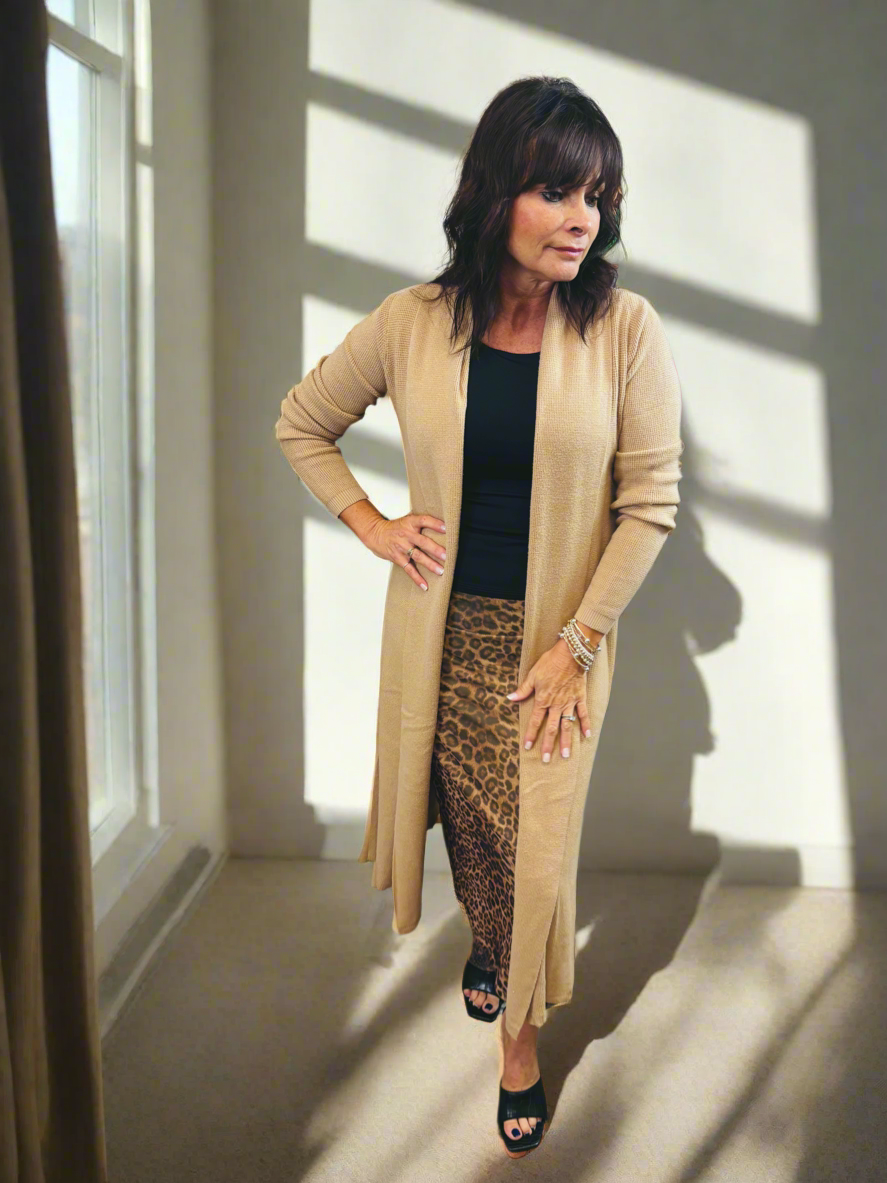 Camel Waffle Long Cardigan - Jolie Femme Boutique