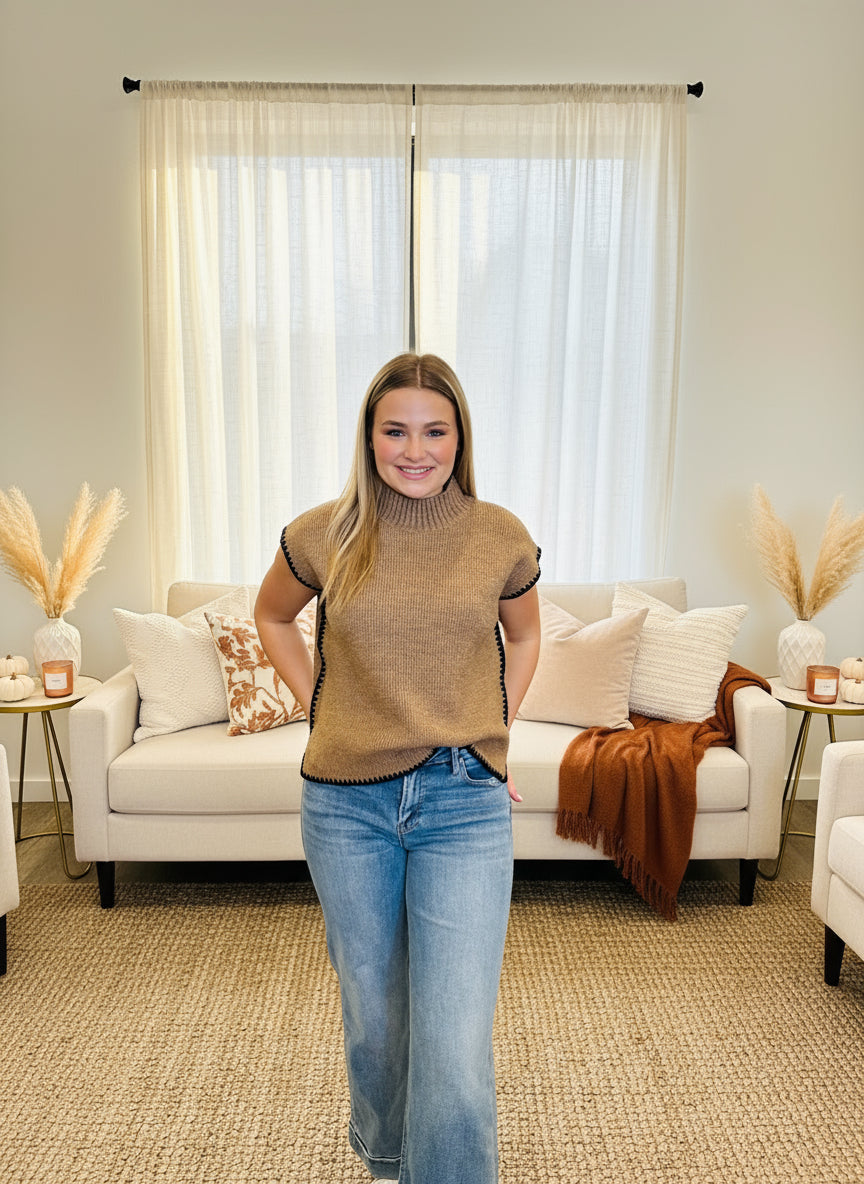 Mocha Mock Neck Contrast Stitch Sweater