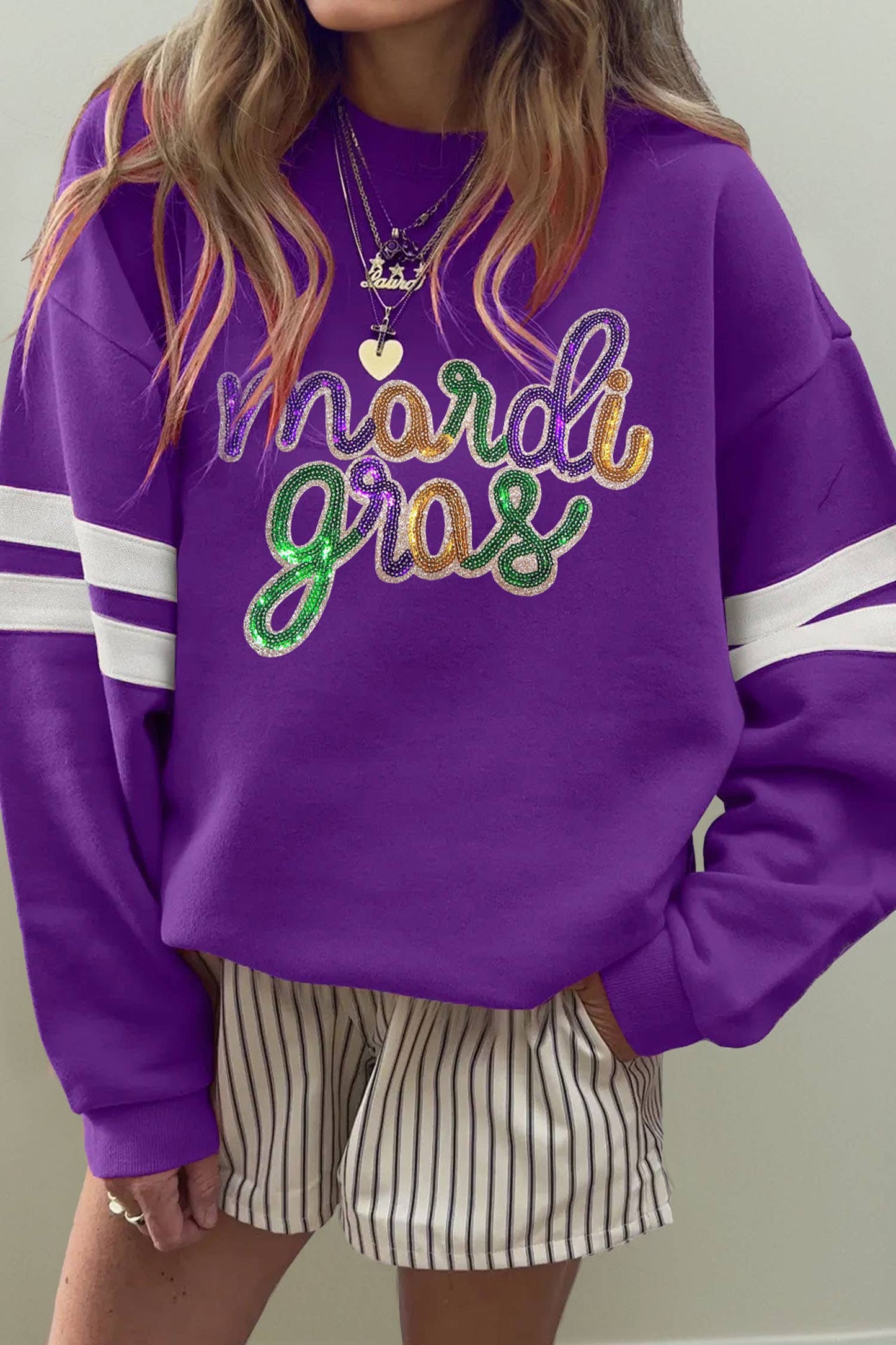 PREORDER-Sequin Mardi Gras Letter Graphic Varsity Sweatshirt