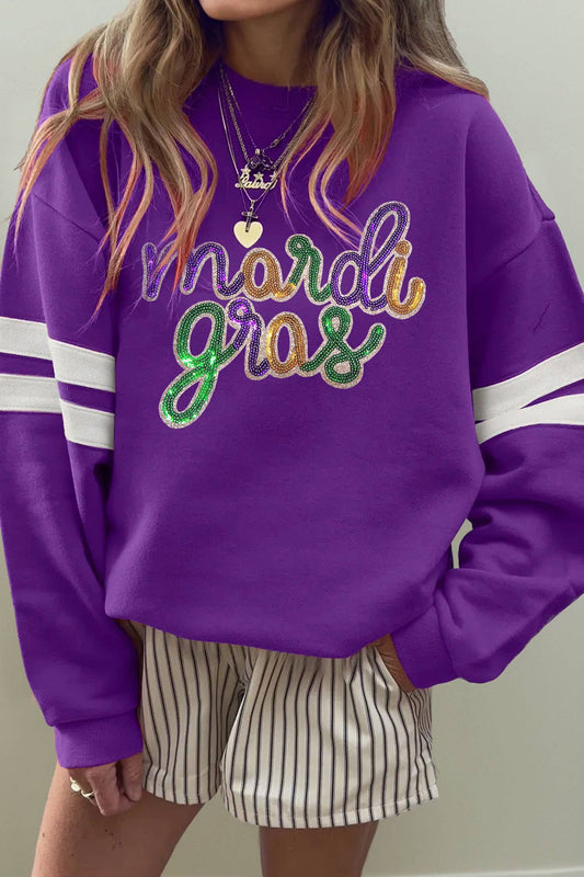 PREORDER-Sequin Mardi Gras Letter Graphic Varsity Sweatshirt
