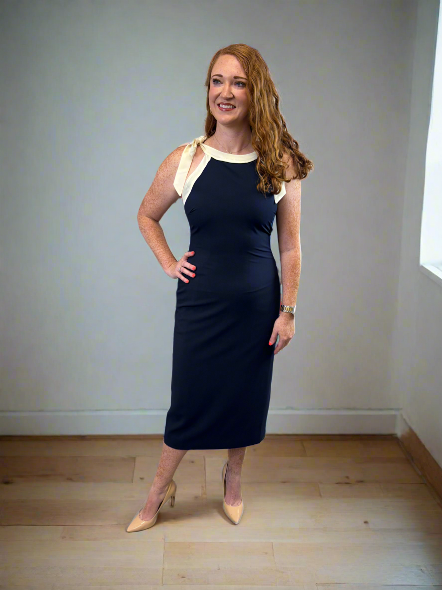 Navy Midi Dress with Cream Contrast Shoulder Ties - Jolie Femme Boutique