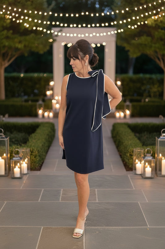Navy Shift Mini Dress With Cream Trim - Jolie Femme Boutique
