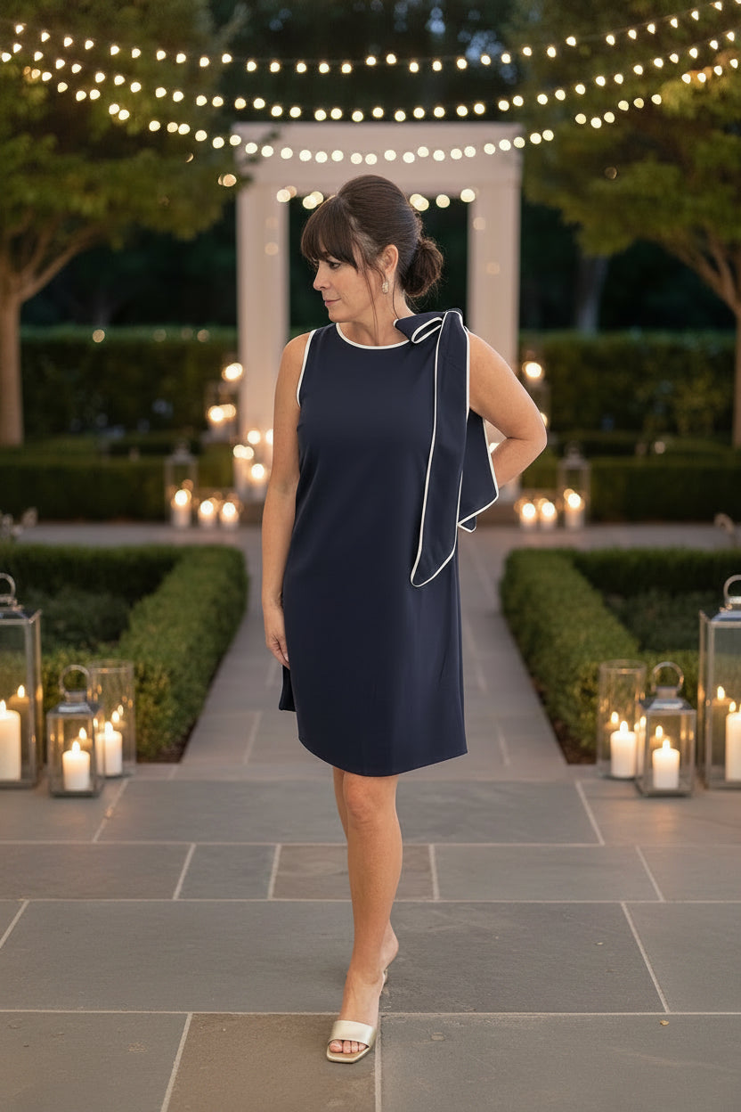 Navy Shift Mini Dress With Cream Trim - Jolie Femme Boutique