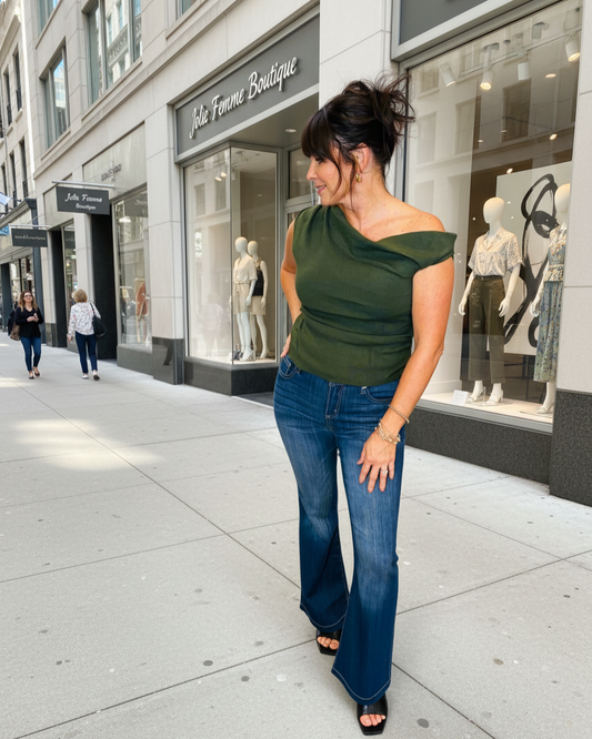 Forest Green Asymmetrical Neck Top - Jolie Femme Boutique