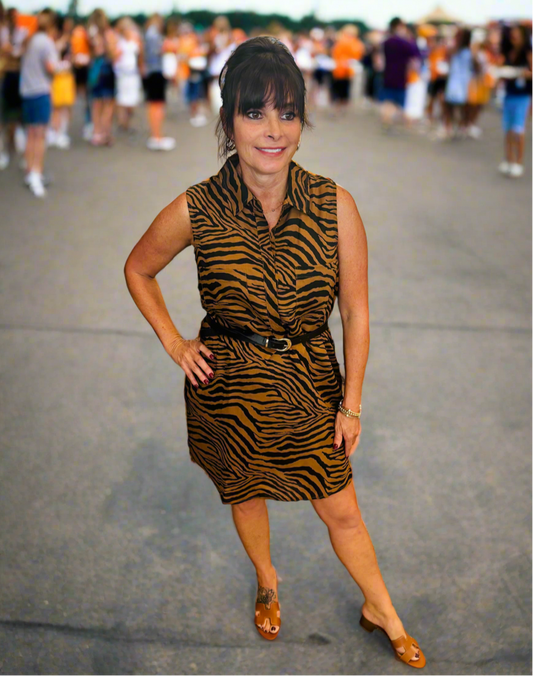 Tiger Print Button Down Dress with Pockets