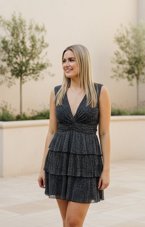 Metallic V-Neck Tiered Mini Dress - Jolie Femme Boutique