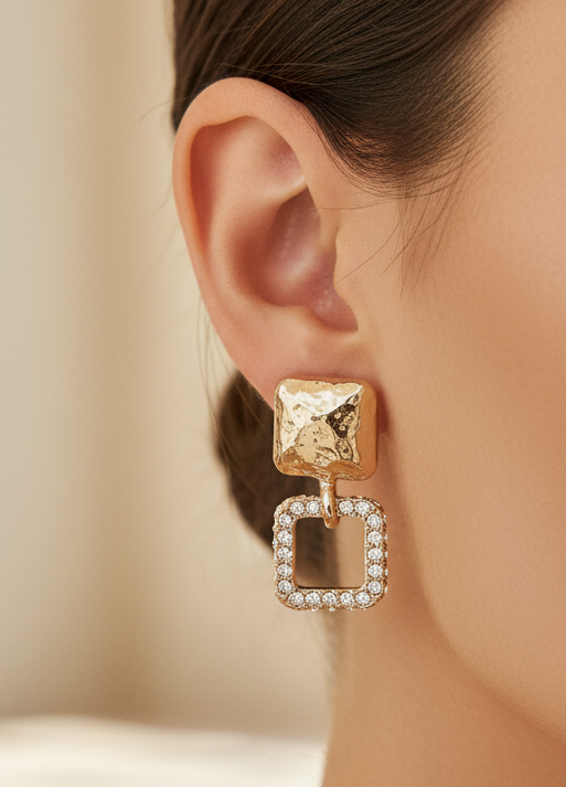Gold Square with Rhinestone Square Earring
