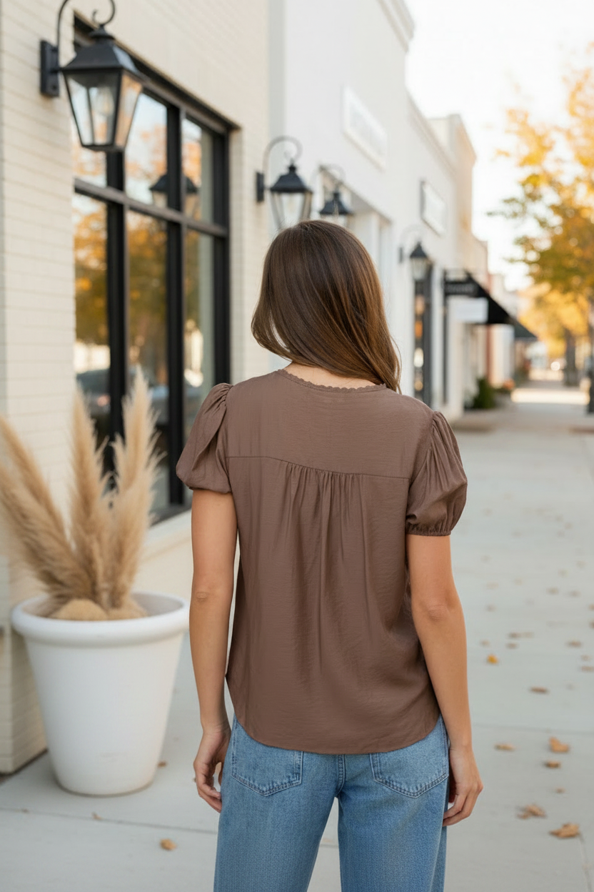Brown Pintuck Short Sleeve Top