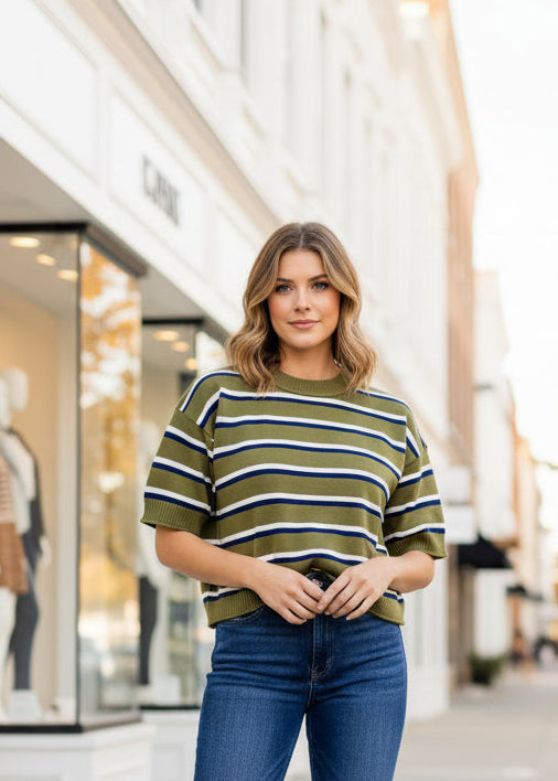 Olive Contrast Stripe Crew Neck Sweater