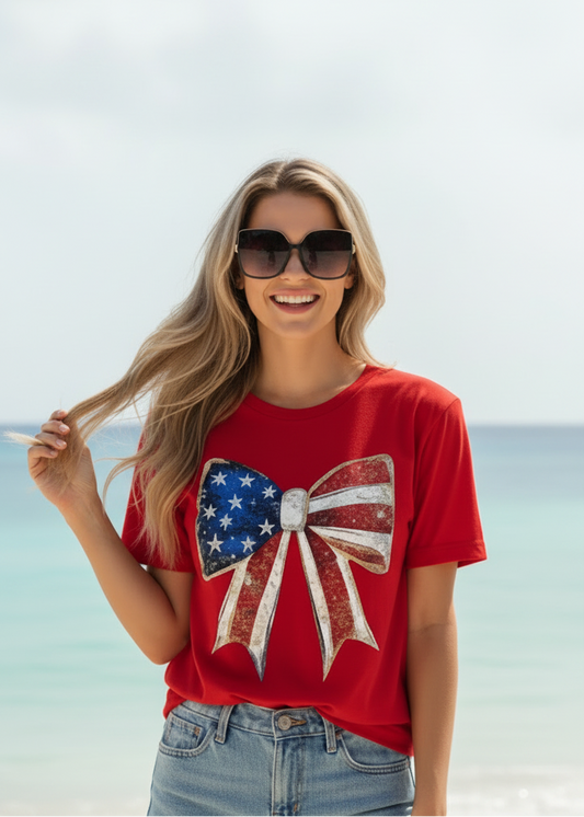 Southern Attitude Designs Inc - American Flag Bow GRAPHIC TEE - Medium Gildan Softstyle Tee - Jolie Femme Boutique