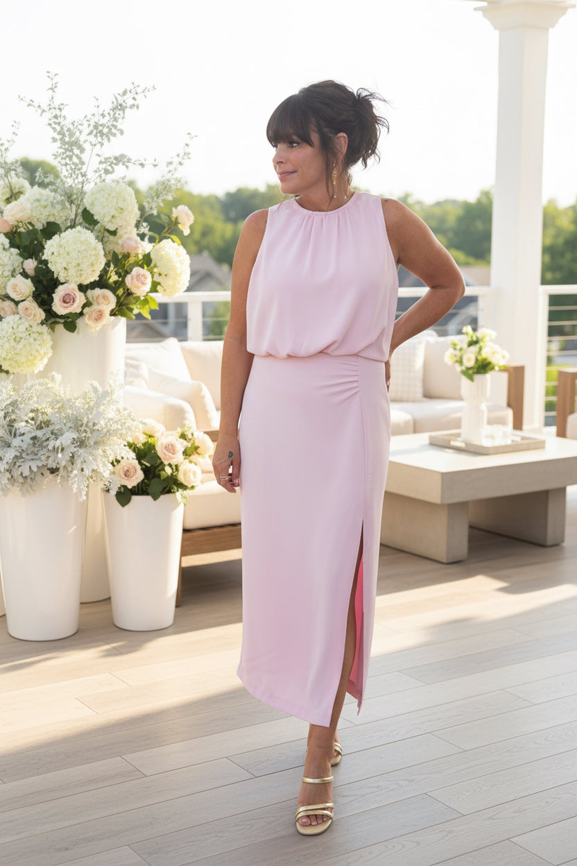 Soft Pink Blouson Midi Dress - Jolie Femme Boutique